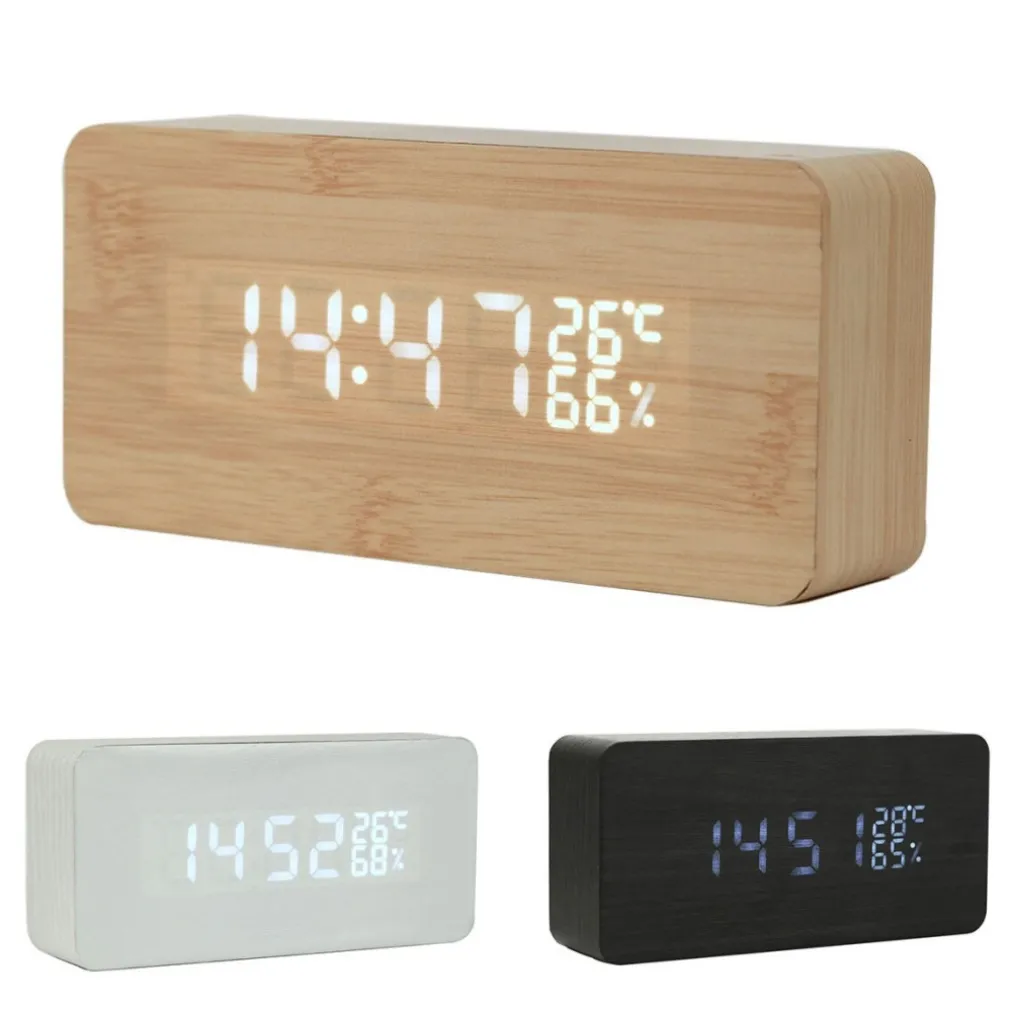 RETTANGOLARE SVEGLIA LEGNO OROLOGIO DISPLAY ALLARME DIGITALE LED TEMPERATURA USB