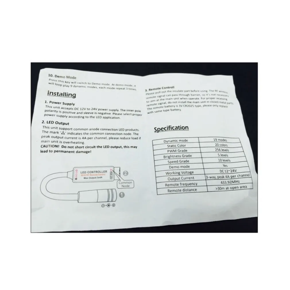RGB LED CONTROLLER RF WIRELESS CENTRALINA TELECOMANDO COLORI 5-24V 3x4A 12A
