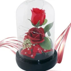 ROSA ETERNA INCANTATA LA BELLA E LA BESTIA IN CUPOLA CON BASE PVC E LUCI A LED