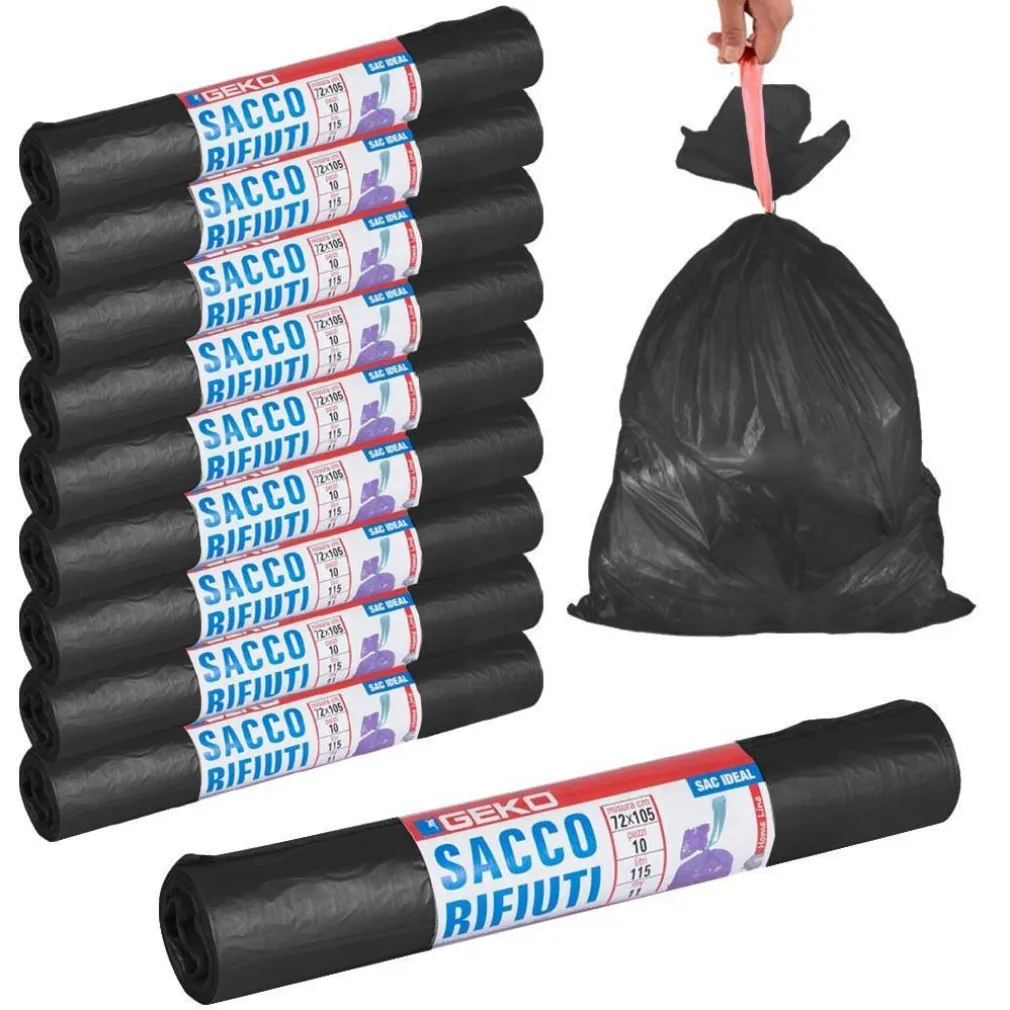 ROTOLI SACCHETTI BUSTE PER SPAZZATURA 115LT 72X105CM CHIUSURA CON LACCETTO NERO
