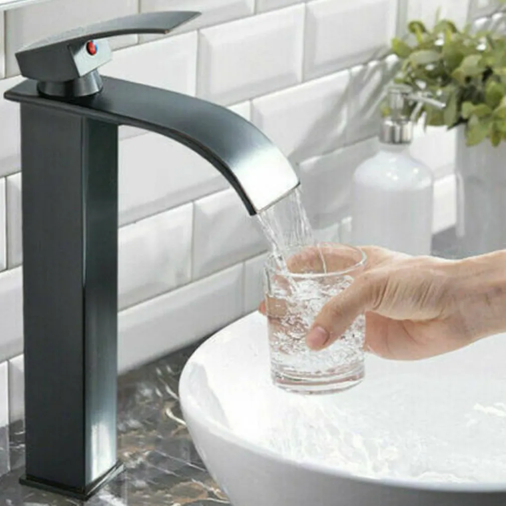 RUBINETTO ALTO DA BAGNO DESIGN MODERNO A CASCATA MISCELATORE MONOCOMANDO NERO