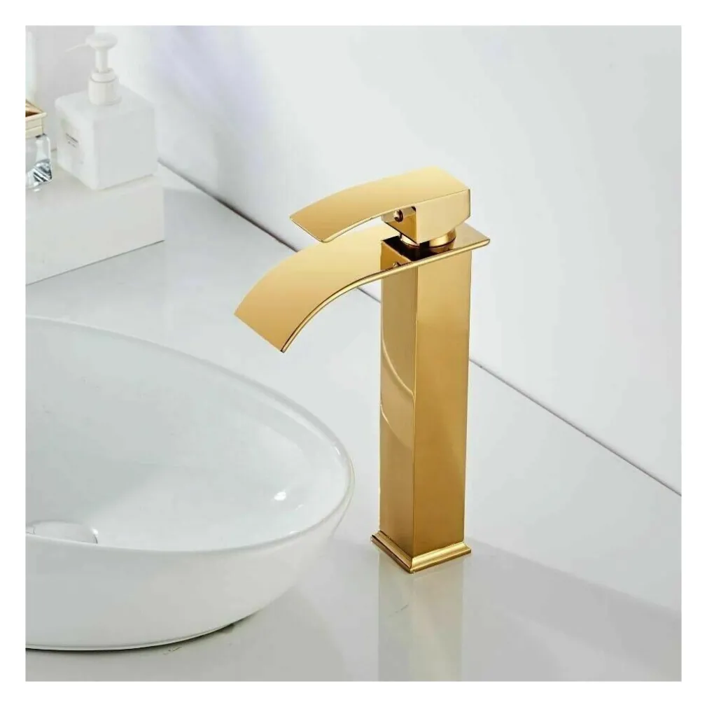 RUBINETTO ALTO DA BAGNO DESIGN MODERNO A CASCATA MISCELATORE MONOCOMANDO DORATO