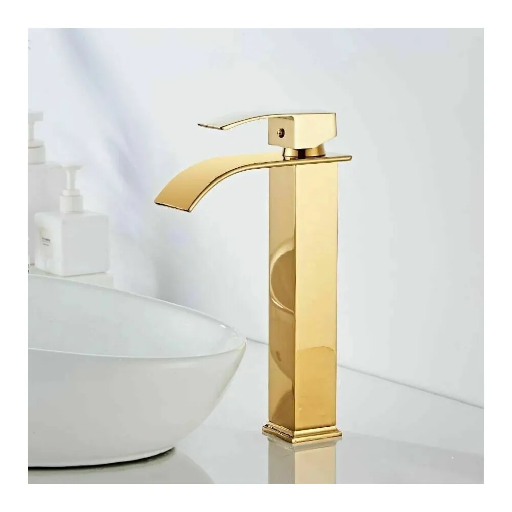 RUBINETTO ALTO DA BAGNO DESIGN MODERNO A CASCATA MISCELATORE MONOCOMANDO DORATO