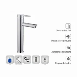 RUBINETTO BAGNO CROMATO LUCIDO MISCELATORE ORIENTABILE LAVABO A CANNA ALTA 87388