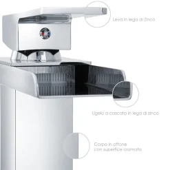 RUBINETTO BAGNO DESIGN MODERNO A CASCATA MISCELATORE MONOCOMANDO OTTONE CROMATO