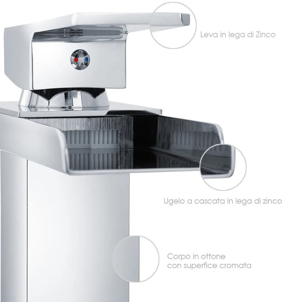 RUBINETTO BAGNO DESIGN MODERNO A CASCATA MISCELATORE MONOCOMANDO OTTONE CROMATO