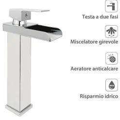 RUBINETTO BAGNO DESIGN MODERNO A CASCATA MISCELATORE MONOCOMANDO ALTO CROMATO