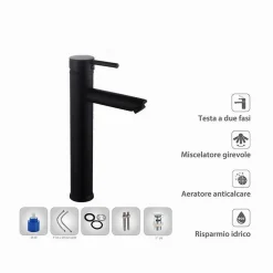 RUBINETTO BAGNO MODERNO NERO OPACO MISCELATORE ORIENTABILE LAVABO CANNA ALTA 87393