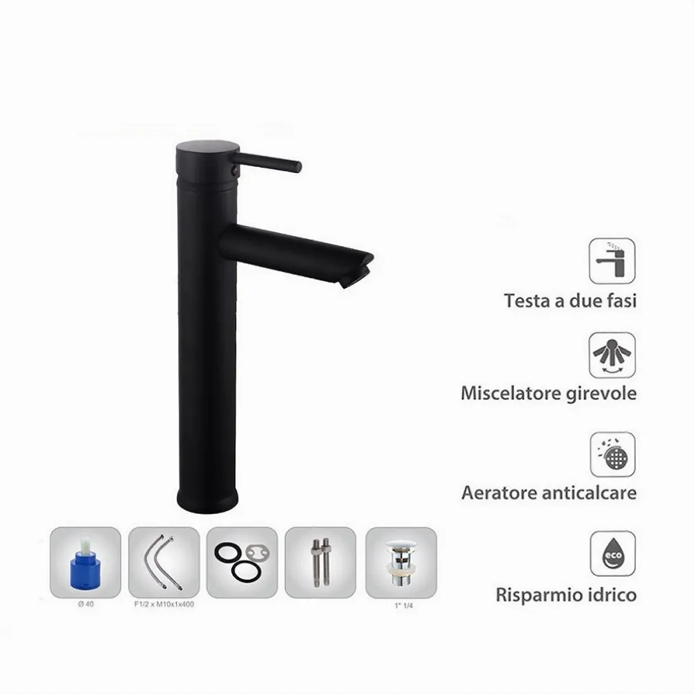 RUBINETTO BAGNO MODERNO NERO OPACO MISCELATORE ORIENTABILE LAVABO CANNA ALTA 87393