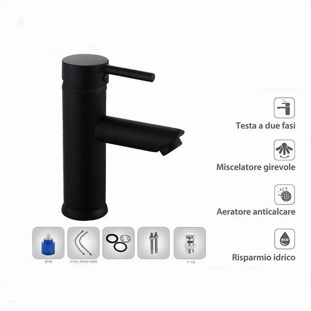 RUBINETTO BAGNO MODERNO NERO OPACO MISCELATORE ORIENTABILE LAVABO CANNA BASSA 87391