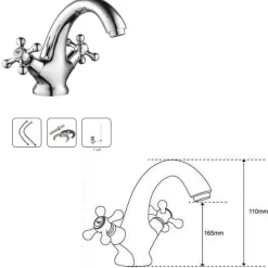 RUBINETTO BICOMANDO PER LAVABO APPOGGIO BAGNO COMANDO CROCE VITE ACCIAIO CROMATO