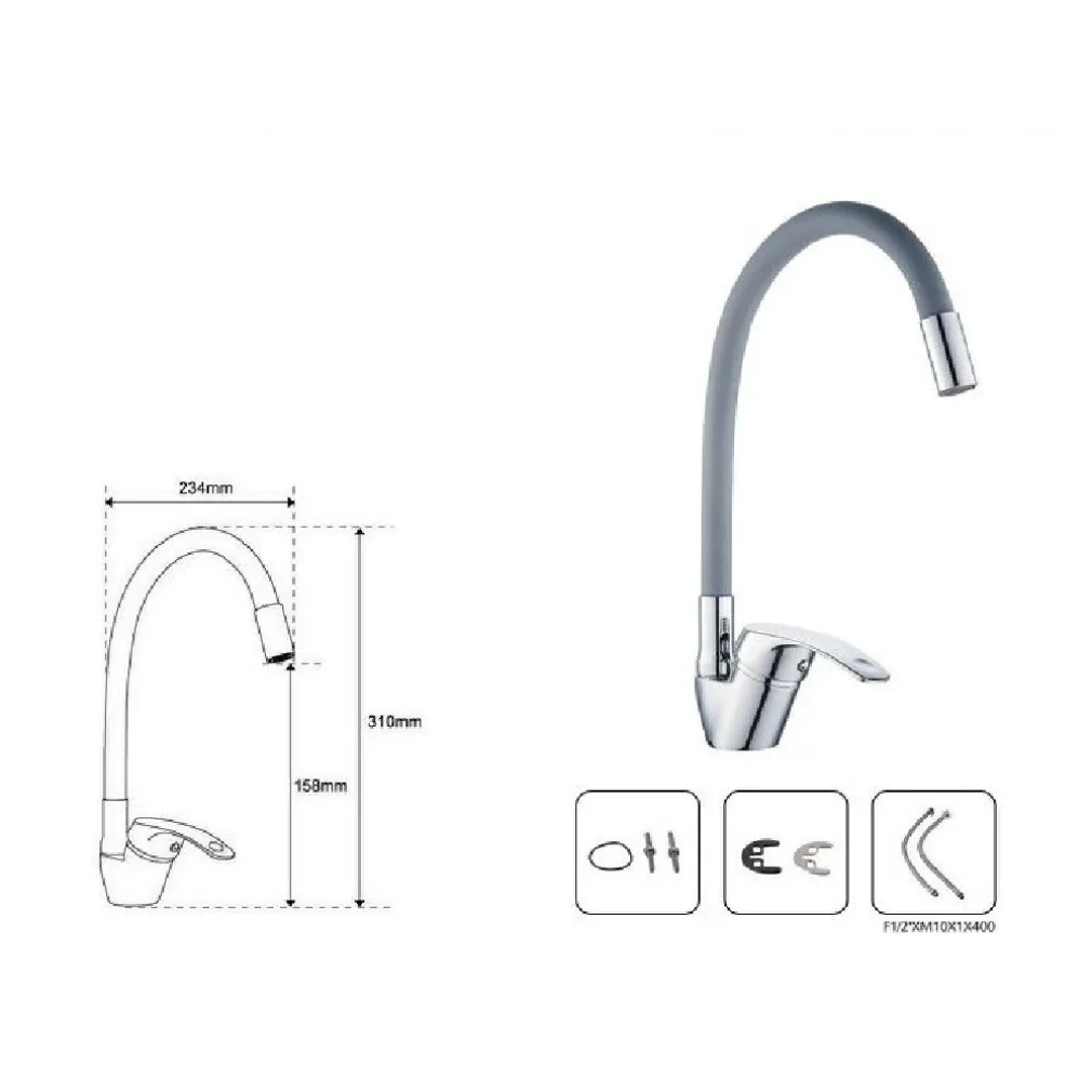 RUBINETTO CUCINA CANNA ALTA SILICONE MISCELATORE LAVELLO ORIENTABILE 69369 GRIGIO