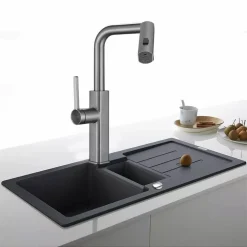 RUBINETTO CUCINA ESTRAIBILE CON EROGATORE GIREVOLE 2 GETTI ACCIAIO SATINATO 87257