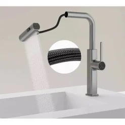 RUBINETTO CUCINA ESTRAIBILE CON EROGATORE GIREVOLE 2 GETTI ACCIAIO SATINATO 87257