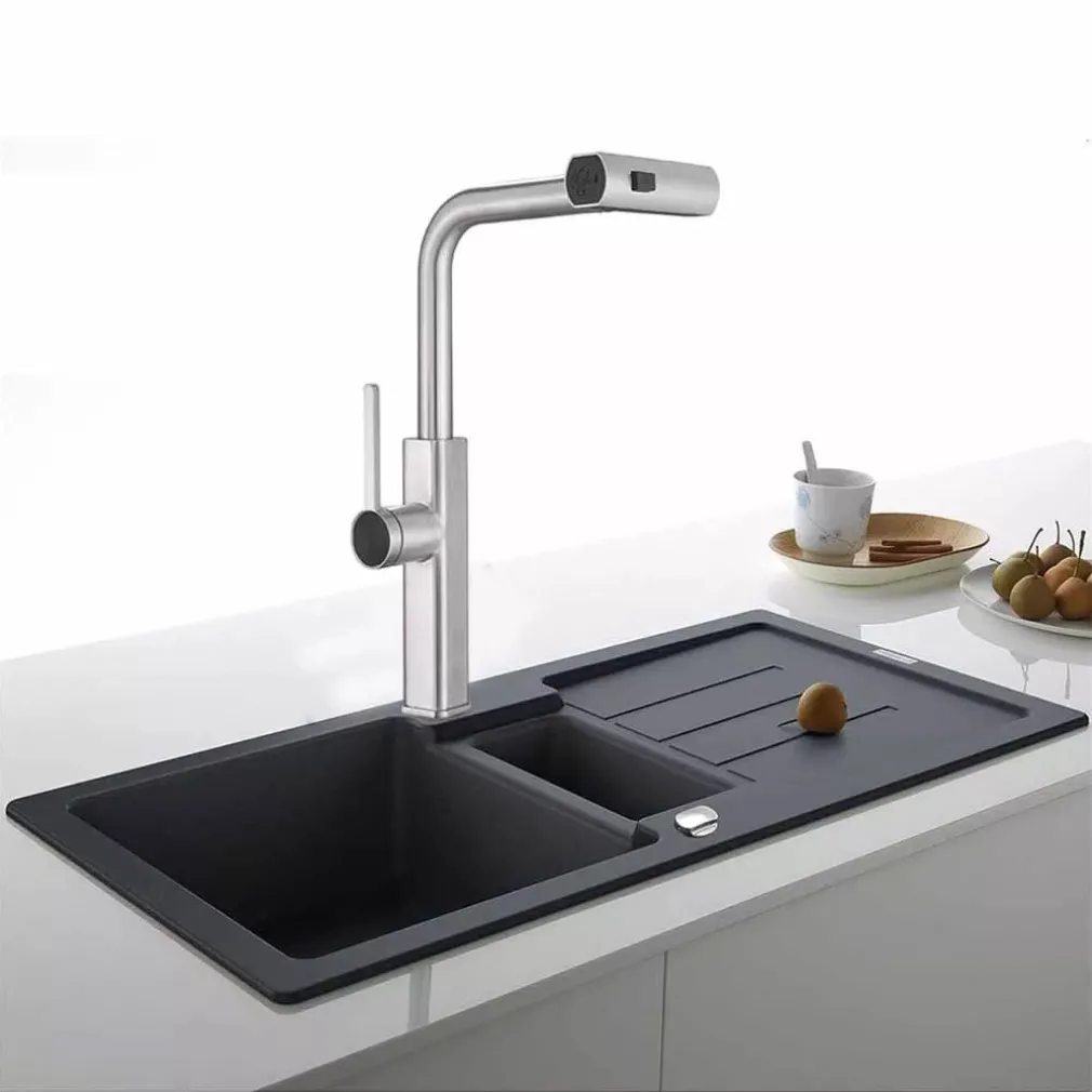 RUBINETTO CUCINA ESTRAIBILE EROGATORE GIREVOLE 2 GETTI CROMATO MISCELATORE 87255