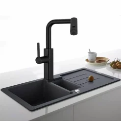 RUBINETTO CUCINA ESTRAIBILE CON EROGATORE GIREVOLE 2 GETTI MISCELATORE NERO 87256