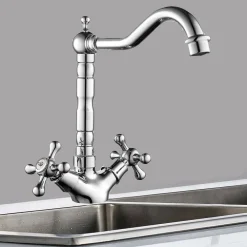 RUBINETTO CUCINA LAVABO DOPPIO COMANDO MONOFORO OTTONE CROMATO LUCIDO MISCELATORE