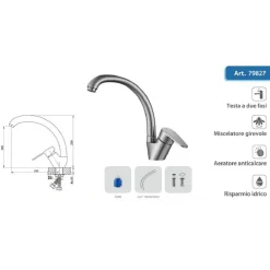 RUBINETTO CUCINA LAVELLO MONOFORO MISCELATORE ORIENTABILE CROMATO SATINATO 79827