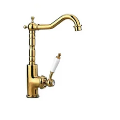 RUBINETTO DA CUCINA PER LAVABO MONOFORO OTTONE ORO LUCIDO MISCELATORE CANNA ALTA