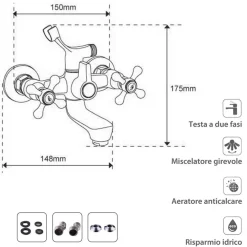 RUBINETTO GRUPPO VASCA DA BAGNO CROMATO CON ATTACCO PER DOCCIA BICOMANDO A CROCE