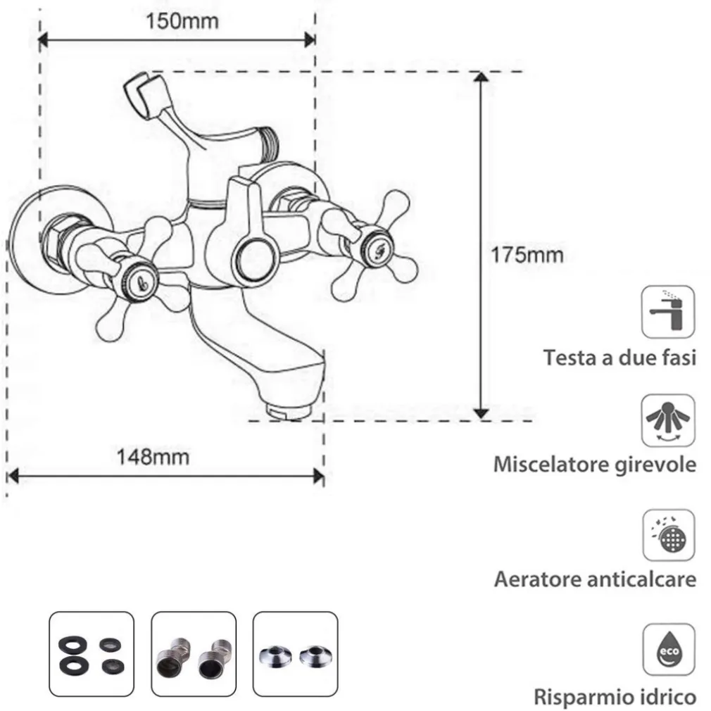 RUBINETTO GRUPPO VASCA DA BAGNO CROMATO CON ATTACCO PER DOCCIA BICOMANDO A CROCE