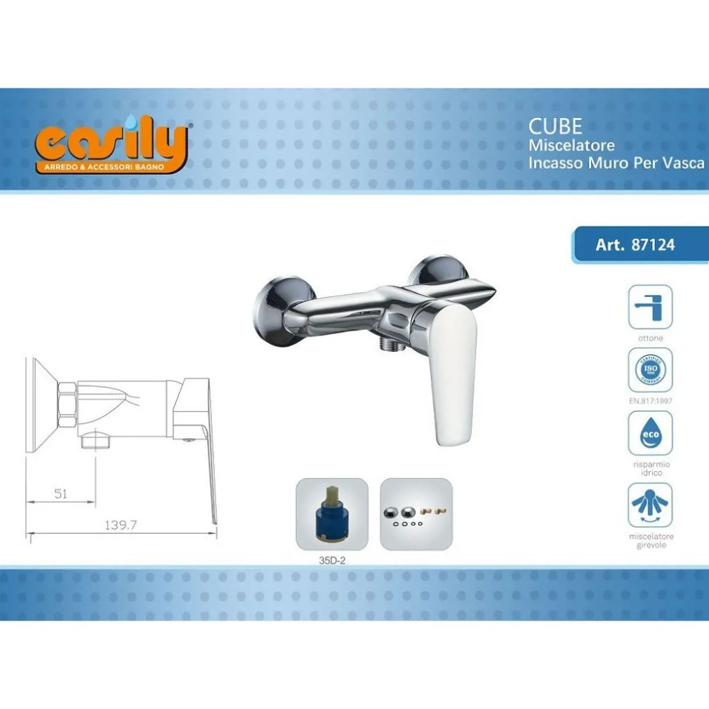 RUBINETTO INCASSO PARETE PER VASCA TUBO FLESSIBILE DOCCETTA MISCELATORE CUBE87124