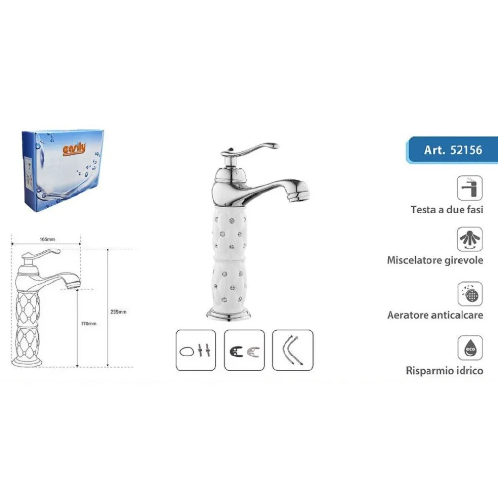 RUBINETTO LAVABO BRILLANTINI MISCELATORE BAGNO MONOFORO ARGENTO CANNA ALTA 52156