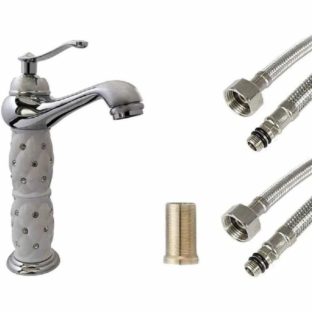 RUBINETTO LAVABO BRILLANTINI MISCELATORE BAGNO MONOFORO ARGENTO CANNA ALTA 52156