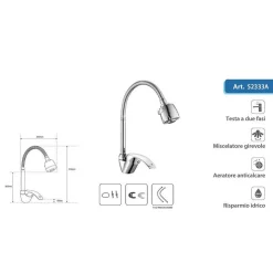 RUBINETTO MISCELATORE A CANNA ALTA FLESSIBILE DOCCETTA MODELLO NAPOLI 52333A