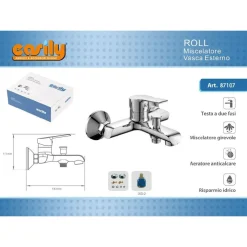 RUBINETTO MISCELATORE GRUPPO VASCA DA BAGNO CROMATO CON ATTACCO DOCCIA ROLL87107