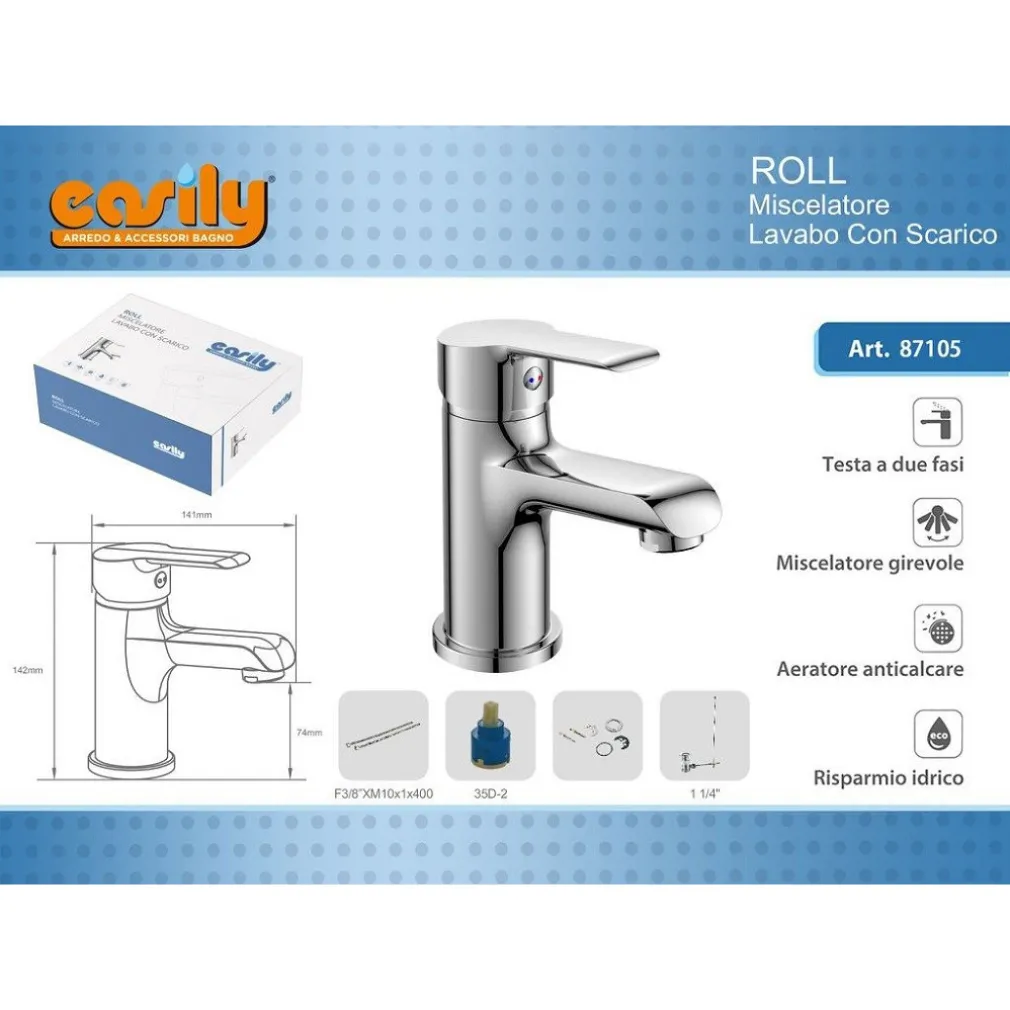 RUBINETTO MISCELATORE MONOCOMANDO CROMATO PER LAVABO LAVANDINO MODERNO ROLL87105