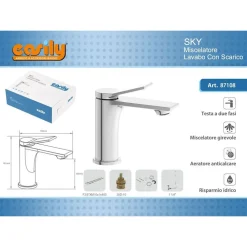 RUBINETTO MISCELATORE MONOCOMANDO CROMATO PER LAVABO LAVANDINO MODERNO SKY87108