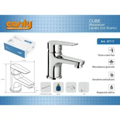 RUBINETTO MISCELATORE MONOCOMANDO CROMATO PER LAVABO LAVANDINO MODERNO CUBE87117