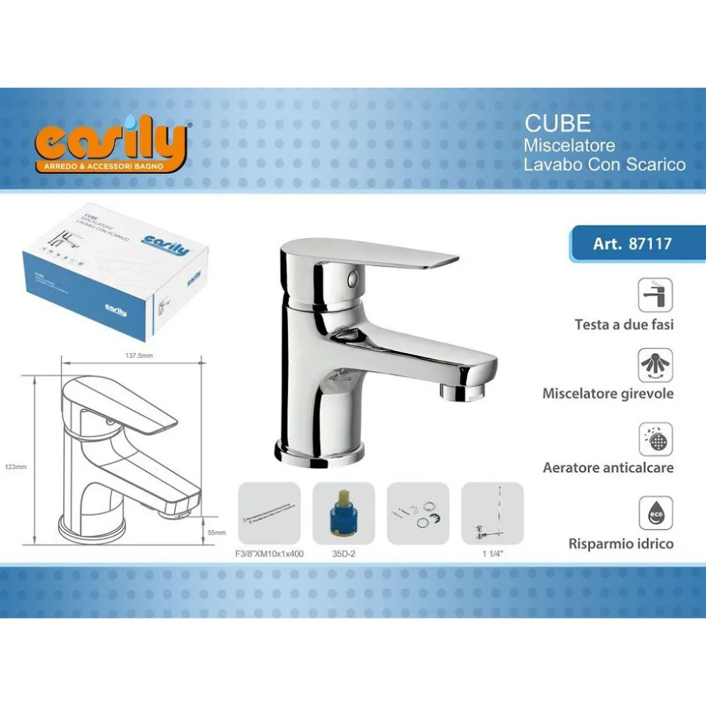 RUBINETTO MISCELATORE MONOCOMANDO CROMATO PER LAVABO LAVANDINO MODERNO CUBE87117