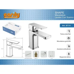 RUBINETTO MISCELATORE MONOCOMANDO CROMATO PER LAVABO LAVANDINO MODERNO SHAPE87114