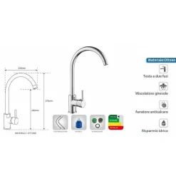 RUBINETTO MISCELATORE PER LAVELLO DA CUCINA MATERIALE OTTONE CROMATO VERONA