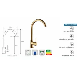 RUBINETTO MISCELATORE PER LAVELLO DA CUCINA MATERIALE OTTONE DORATO VERONA