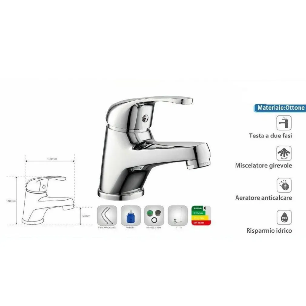 RUBINETTO MISCELATORE PER LAVABO DA BAGNO MATERIALE OTTONE CROMATO TARANTO