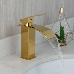 RUBINETTO ORO DA BAGNO DESIGN MODERNO A CASCATA MISCELATORE MONOCOMANDO DORATO
