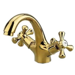 RUBINETTO PER BAGNO DA LAVABO MISCELATORE DOPPIA MANOPOLA IN OTTONE ORO LUCIDO