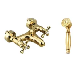 RUBINETTO PER BAGNO VASCA DOCCIA MISCELATORE DOPPIA MANOPOLA IN OTTONE ORO LUCIDO