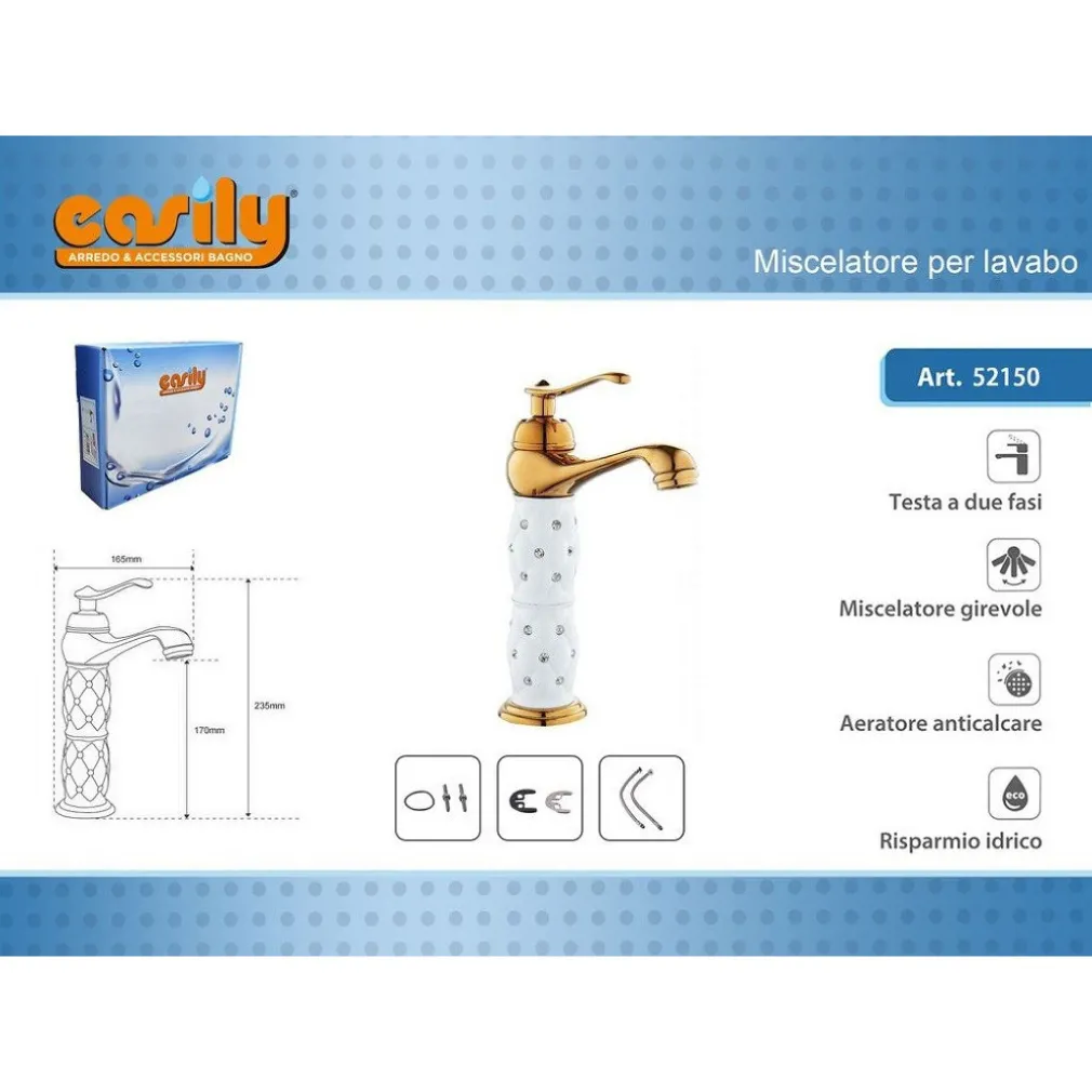 RUBINETTO PER LAVABO ALTO CON BRILLANTINI MISCELATORE BAGNO MONOFORO ORO 52150