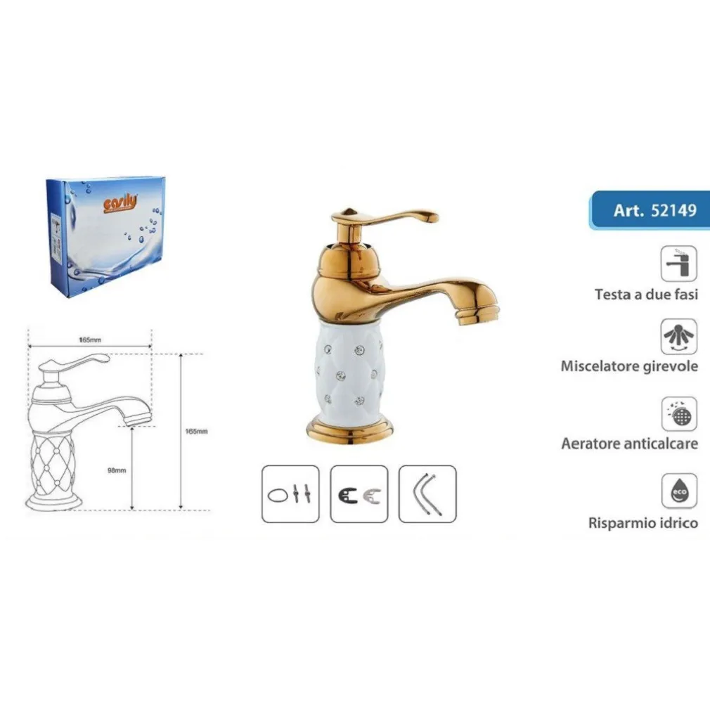 RUBINETTO PER LAVABO CON BRILLANTINI MISCELATORE BAGNO MONOFORO ORO BASSO 52149
