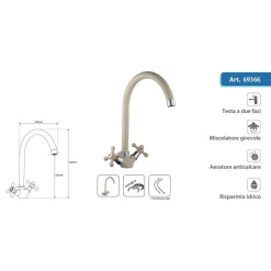RUBINETTO PER LAVELLO CUCINA A CANNA ALTA CROCE BICOMANDO A VITE COLORE AVENA
