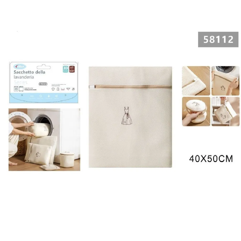SACCHETTO LAVATRICE BEIGE BORSA BIANCHERIA VESTITI LAVAGGIO A RETE 40X50CM 58112