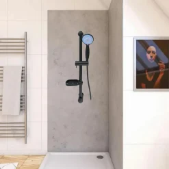 SALISCENDI COLONNA DOCCIA NERO SOFFIONE MULTIGETTO MENSOLA PORTA SAPONE BAGNO 87494