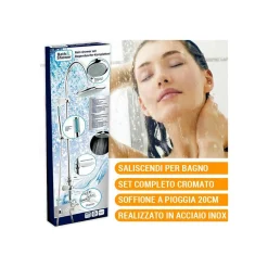 SALISCENDI COMPLETO ASTA DOCCIA DOCCETTA ANTICALCARE ACCIAIO INOX 22X3,2CM CROMO