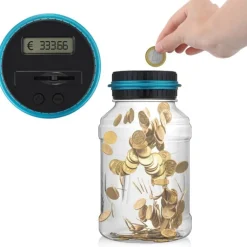 SALVADANAIO CON DISPLAY LCD CONTAMONETE AUTOMATICO FORMA BARATTOLO LETTURA EURO