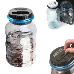 SALVADANAIO CON DISPLAY LCD CONTAMONETE AUTOMATICO FORMA BARATTOLO LETTURA EURO