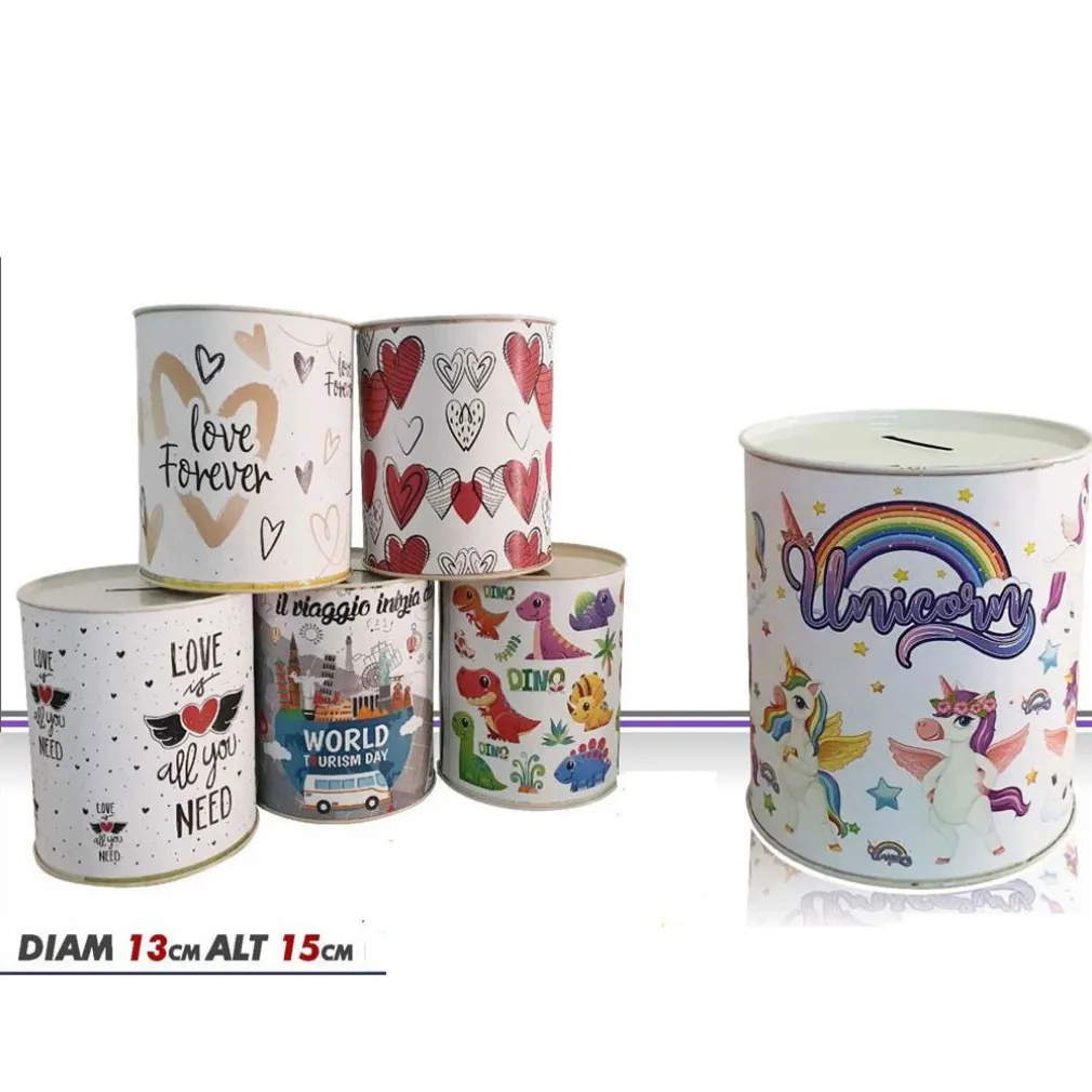 SALVADANAIO LATTA MISURA MEDIO MONETE BANCONOTE APERTURA DISEGNI MISTI 15X13 CM